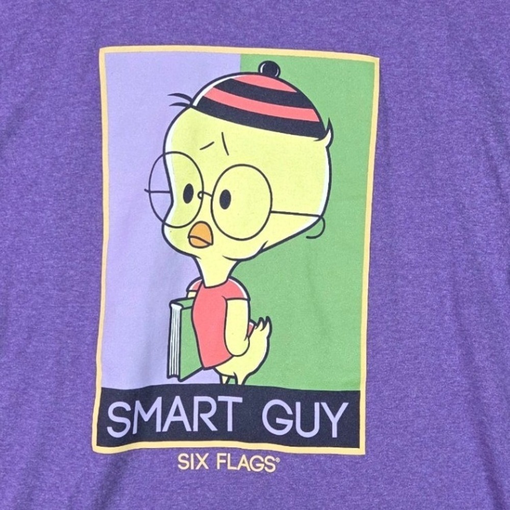 Six Flags Looney Tunes T-Shirt Women Large Purple Tweety Bird Smart Guy Graphic